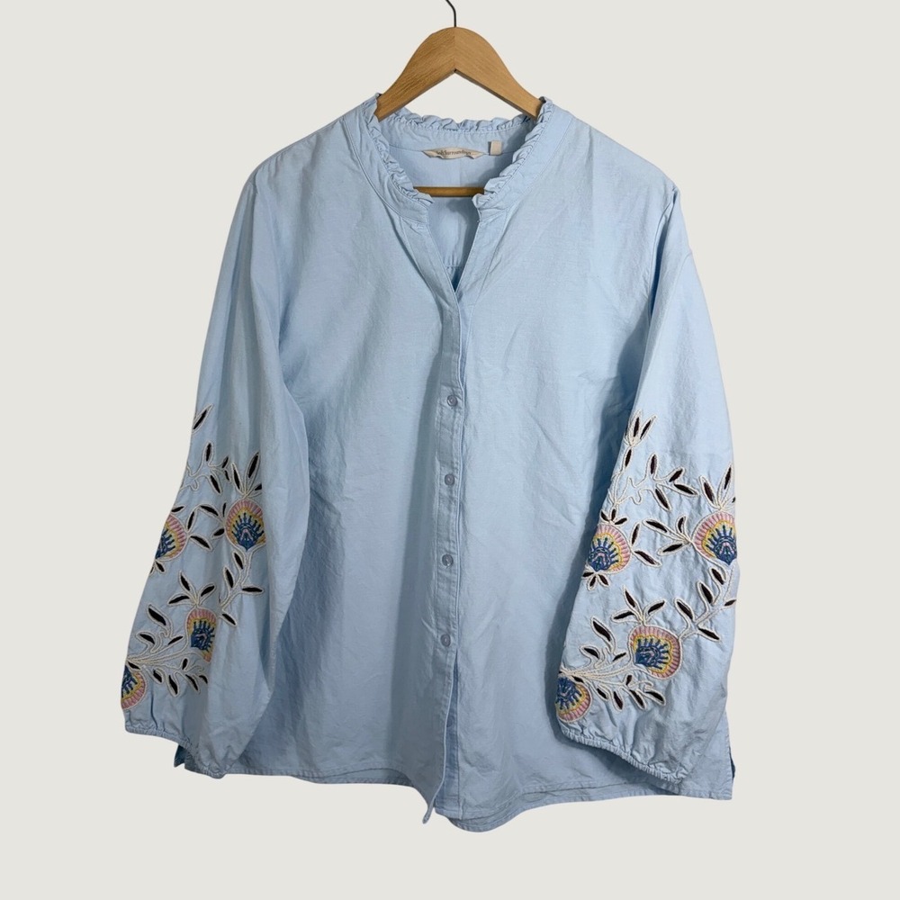 Soft Surroundings Top 2X Blue Embroidered Sleeve Ruffle Neck Cotton Linen Blend